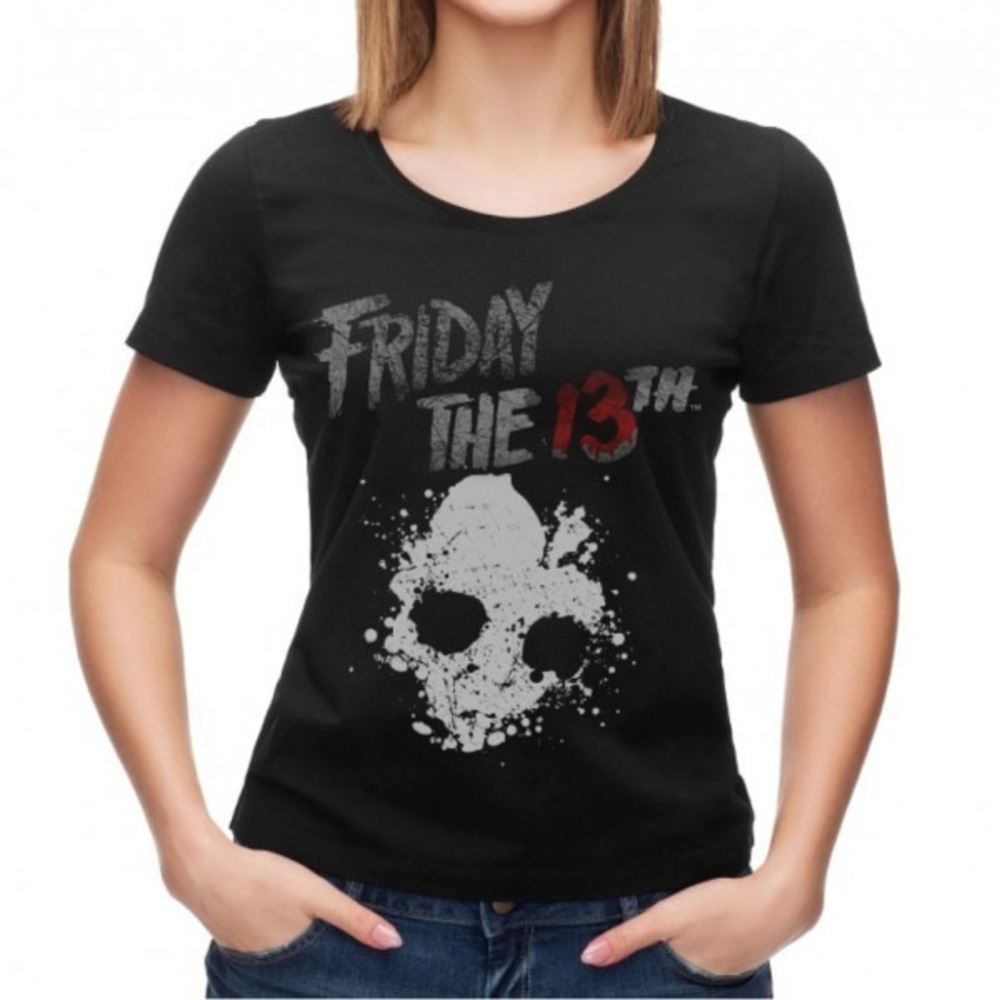 Size L - Friday the 13th Woman's Juniors T-Shirt Skull Ladies Black Horror Movie